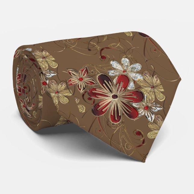 Cravate Fleurs dorées et rouges                            (Roulé)