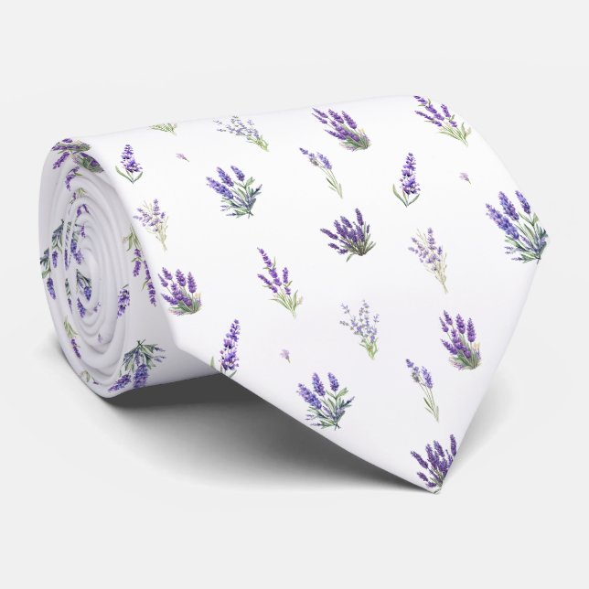 Cravate Fleurs et Feuilles de lavande aquarelle (Roulé)