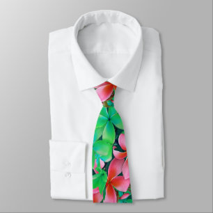 Cravate Fleurs grandes Plumeria Hawaïen vert rose