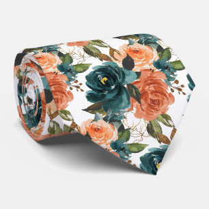 Cravate Fleurs H2 sarcelle et roses orange rouille