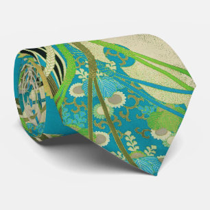 Cravate FLEURS JAPONAISES ANCIENNES Aqua Blue Green Floral