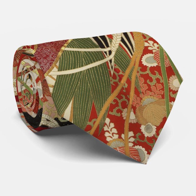 Cravate FLEURS JAPONAISES ANCIENNES Rouge Vert Noir Floral (Roulé)