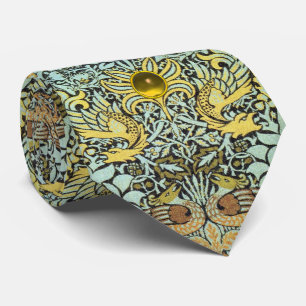 CRAVATE FLEURS, PAONS ET GEMME JAUNE DE DRAGONS