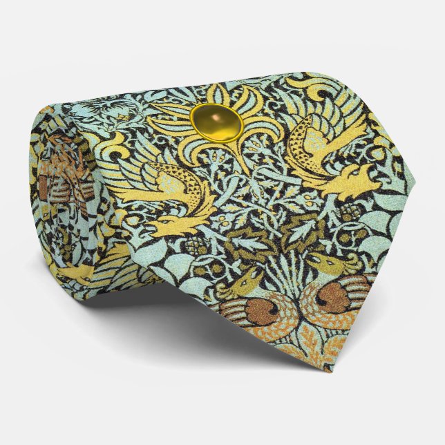 CRAVATE FLEURS, PAONS ET GEMME JAUNE DE DRAGONS (Roulé)
