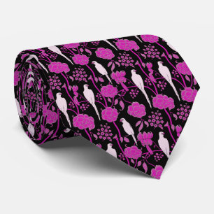 CRAVATE FLEURS PURPLES ART DÉCO, PARROTS BLANCS SUR NOIR