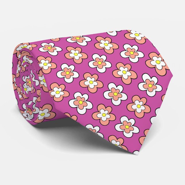 Cravate Fleurs roses et blanches à la Pêche sur violet (Roulé)