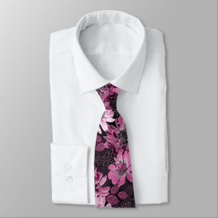 Cravate Fleurs roses et bordeaux sur brun foncé