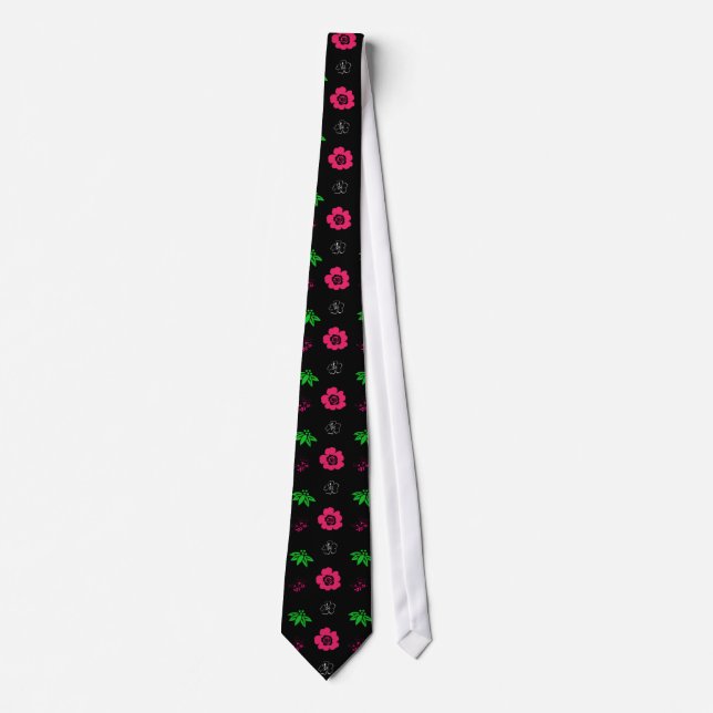 Cravate fleurs roses, feuilles verts, noir (Devant)