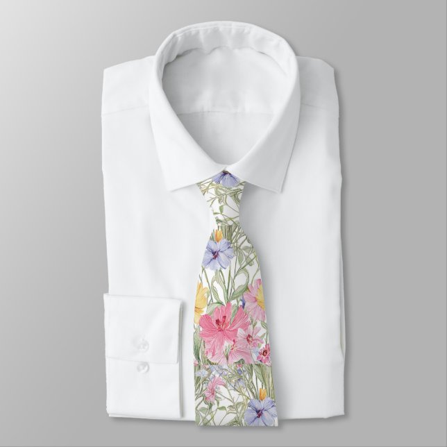 Cravate fleurs roses jaunes bleues (Attaché)