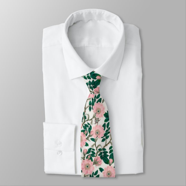 Cravate Fleurs Roses roses et Motif Feuille vert (Attaché)