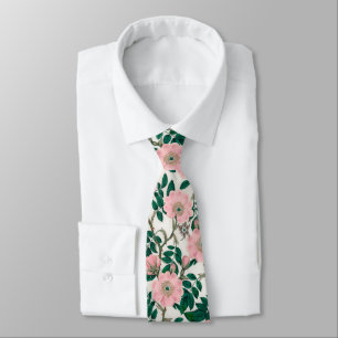 Cravate Fleurs Roses roses et Motif Feuille vert