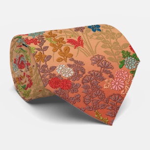 CRAVATE FLEURS ROSES ROUGES, FLEURS JAPONAISES FEUILLES AN