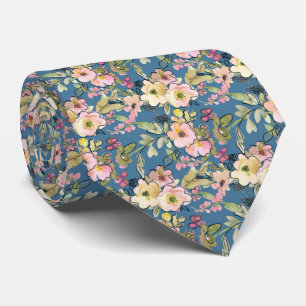 Cravate Fleurs roses sur bleu