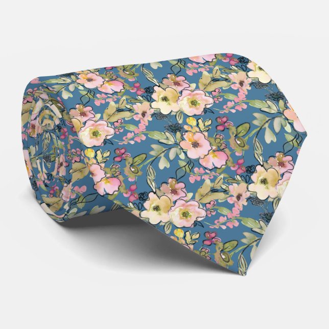 Cravate Fleurs roses sur bleu (Roulé)