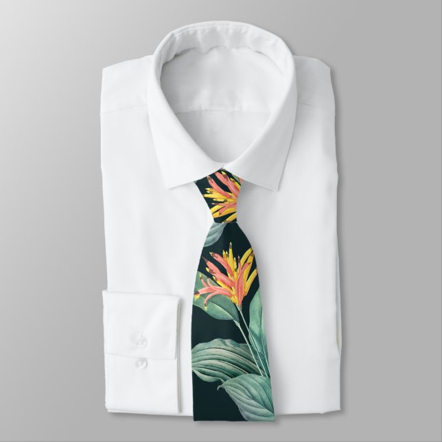 Cravate Fleurs tropicales et Feuilles sur Vert Turquoise f (Attaché)