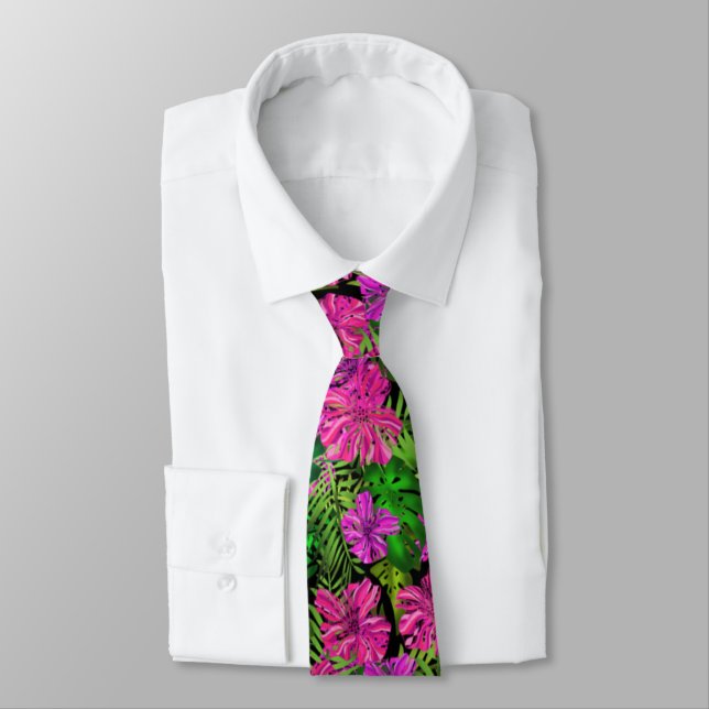 Cravate Fleurs tropicales et plantes en noir (Attaché)