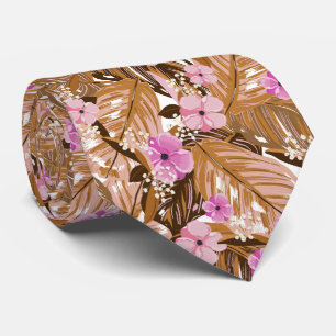 Cravate Fleurs Tropicales Feuilles Rose Beige Brun
