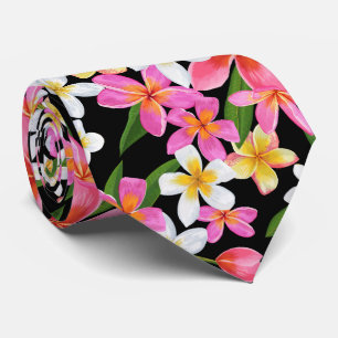 Cravate Fleurs tropicales hawaïennes de Plumeria sur fond 