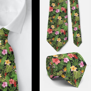 Cravate Fleurs tropicales verdure Aloha Hawaï Hawaïen
