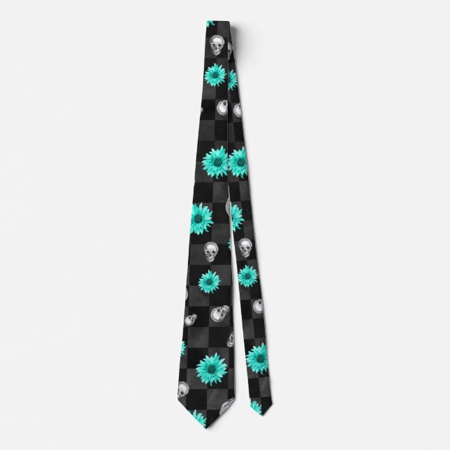 Cravate Fleurs turquoises avec des crânes sur un Checker n (Devant)