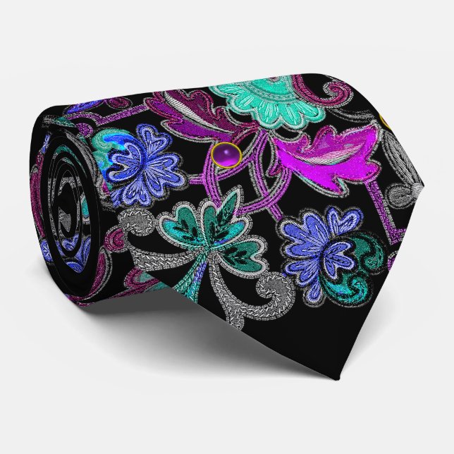 Cravate FLEURS turquoises BLEU PURPLE, GEMSTONES Floral no (Roulé)