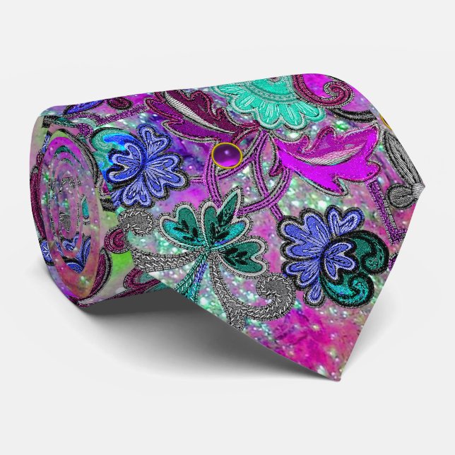 Cravate FLEURS turquoises BLEU PURPLE, GEMSTONES MODÈLE Fl (Roulé)