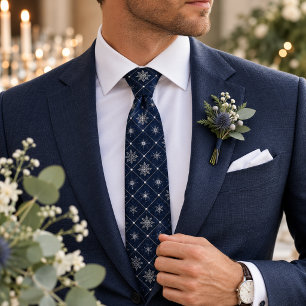 Cravate Flocon de Neige Élégant en Argent Perle Bleu Minui