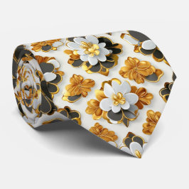 Cravate floral blanc, noir et or