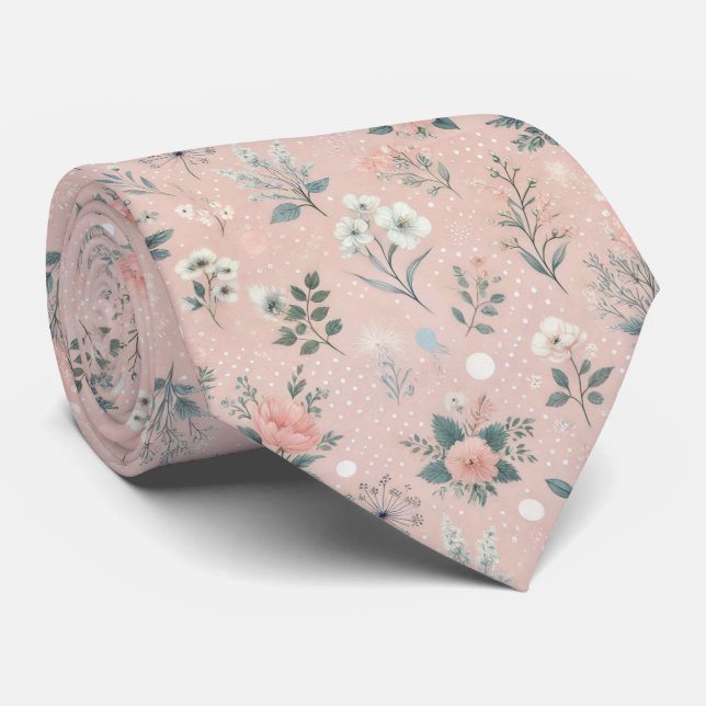 Cravate Floral rose rustique avec fleurs blanches et verdu (Roulé)