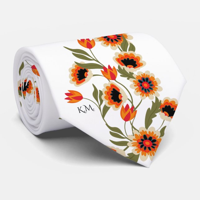 Cravate Floral Scandinave Motif Folk Art traditionnel (Roulé)