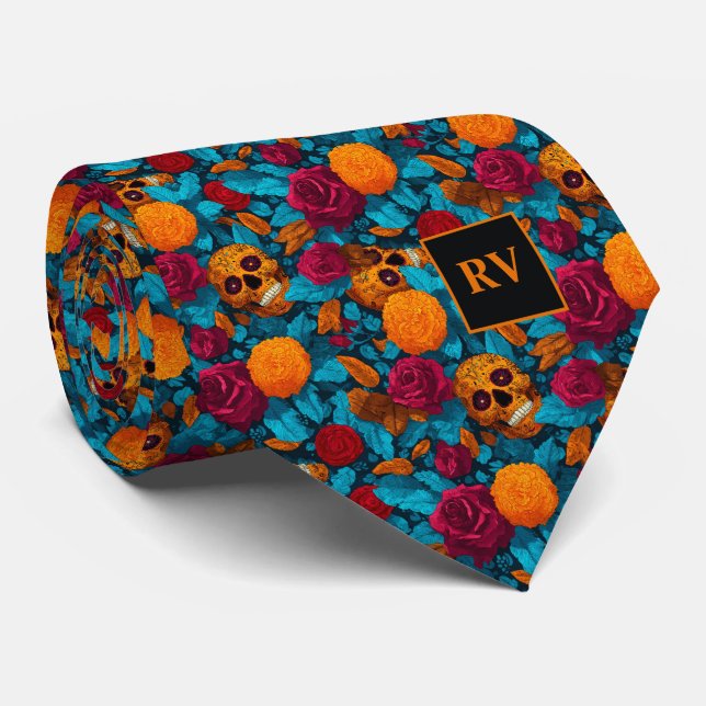 Cravate Floral Sugar Skulls in Red and Teal (Roulé)
