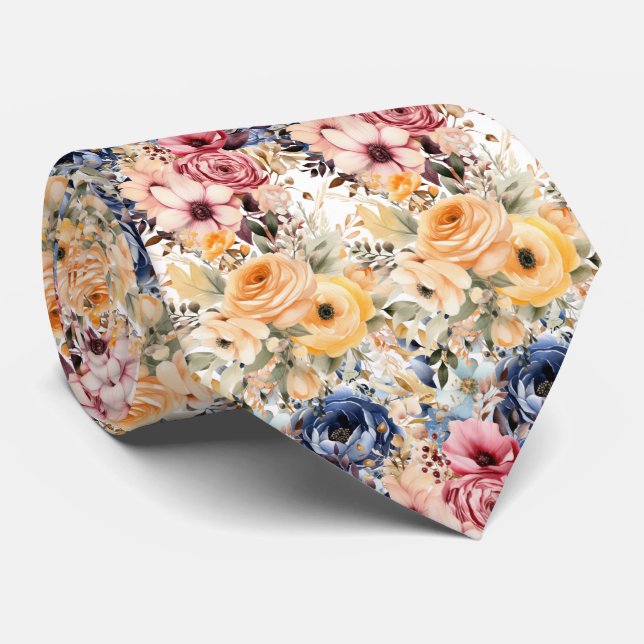 Cravate Flore bleu marine et rose brun (Roulé)
