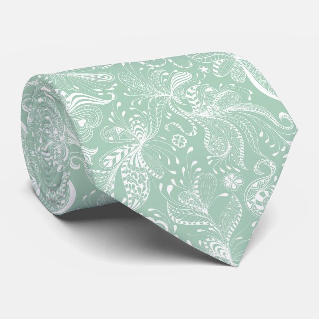 Cravate Flore exotique blanche et verte à la menthe (Roulé)