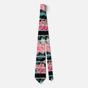 Cravate Flore rose et Parties scintillant d'argent en noir