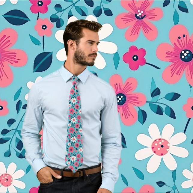 Cravate Flore rouge et blanc sur bleu clair (Man wears a floral design necktie featuring red and white flowers on a light blue.)