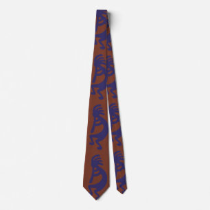 Cravate Flute Playing Kokopelli Figure - Blue on Rust Red