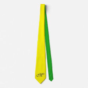 Cravate Fond uni de couleur - jaune vert + monogramme