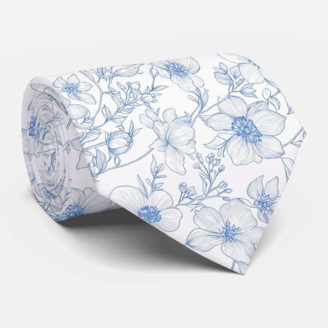 Cravate Foulard à col toile de jouy fleurs bleues (Roulé)