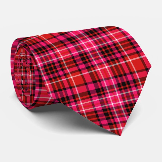 Cravate Fraise Plaid Rouge Rose Noir et blanc (Roulé)