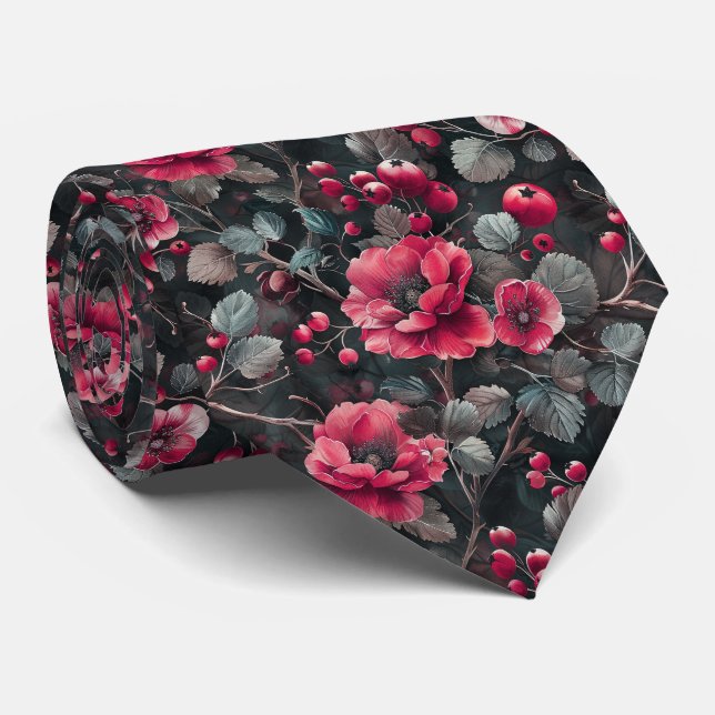 Cravate Framboise, fleurs bordeaux sur gris foncé (Roulé)