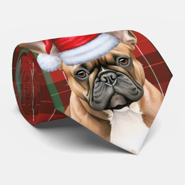 Cravate French Bulldog Green Red Holiday Plaid Christmas (Roulé)