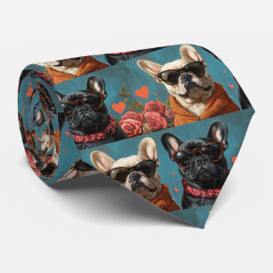 Cravate French Bulldog with Heart Roses Saint-Valentin