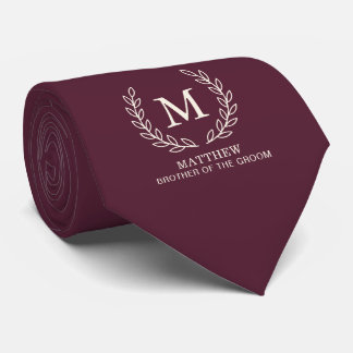 Cravate Frère du marié Monogramme Mariage Vin Profond