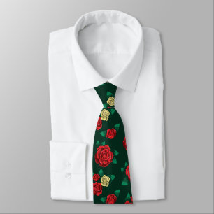 Cravate Frida Kahlo   Motif de rose rouge et or
