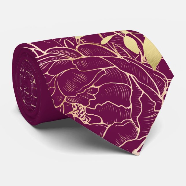 Cravate Fuchsia & Faux Gold Peony Mariage Floral moderne (Roulé)