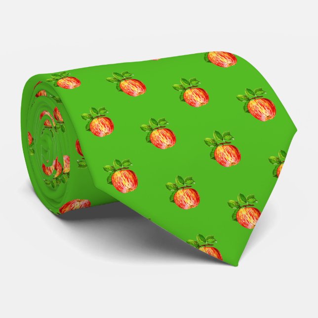 Cravate Fun moderne Pomme Rouge Motif de fruits vert (Roulé)