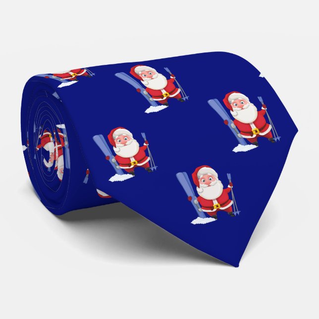 Cravate Funny Cute Skiing Père Noël Christmas Blue (Roulé)