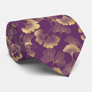 Cravate Ginkgo Botanique Or Violet Foncé