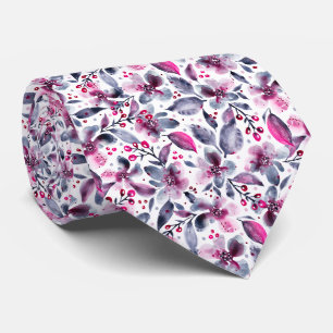 Cravate Gloria Blanc, gris et rose Aquarelle Florale