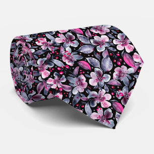 Cravate Gloria Designer-Noir, Gris&Rose Aquarelle Florale
